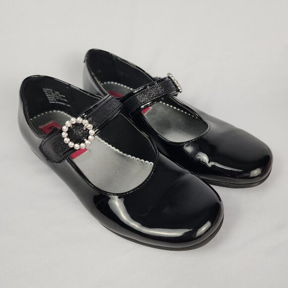 Rachel Shoes Girls 3M Black "Patent Leather Look" Rhinestone Hook Loop Closure - Picture 8 of 15